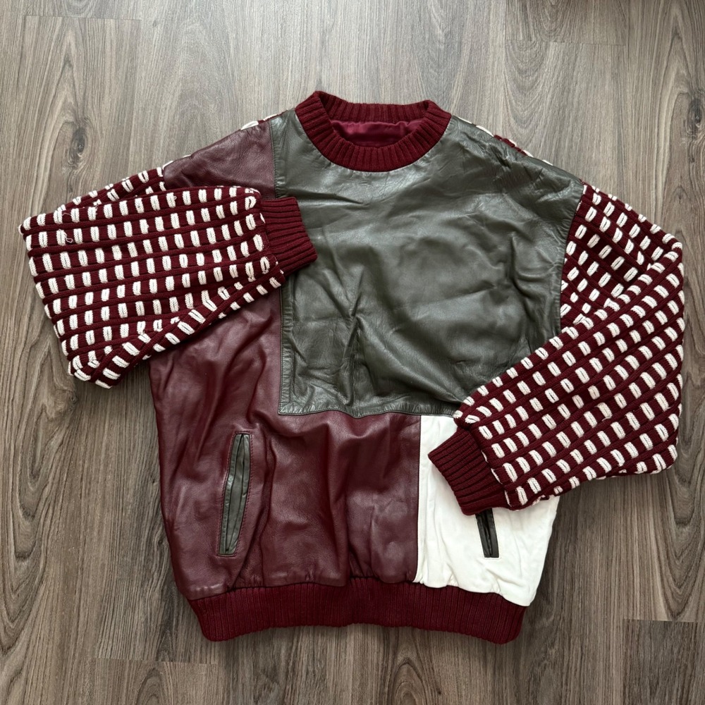 Italiano Vintage Mens XL Leather Colorblock Knit Hybrid Sweater Burgundy White - Picture 2 of 7